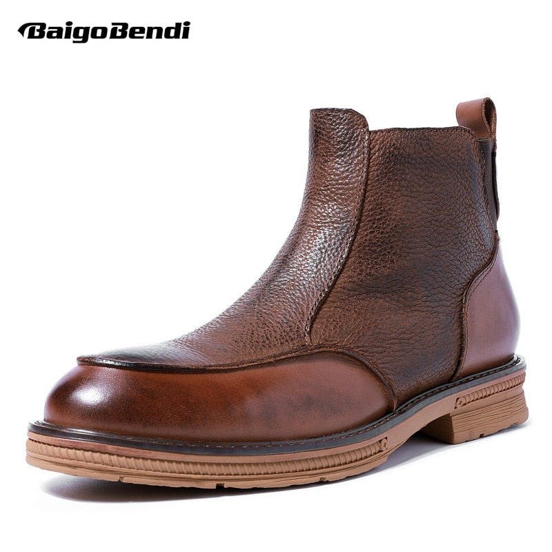 High End Boots Men Winter Shoes Full Grain Leather Chelsea Boots Business Man Elegant Zip Ankle Boots Retro