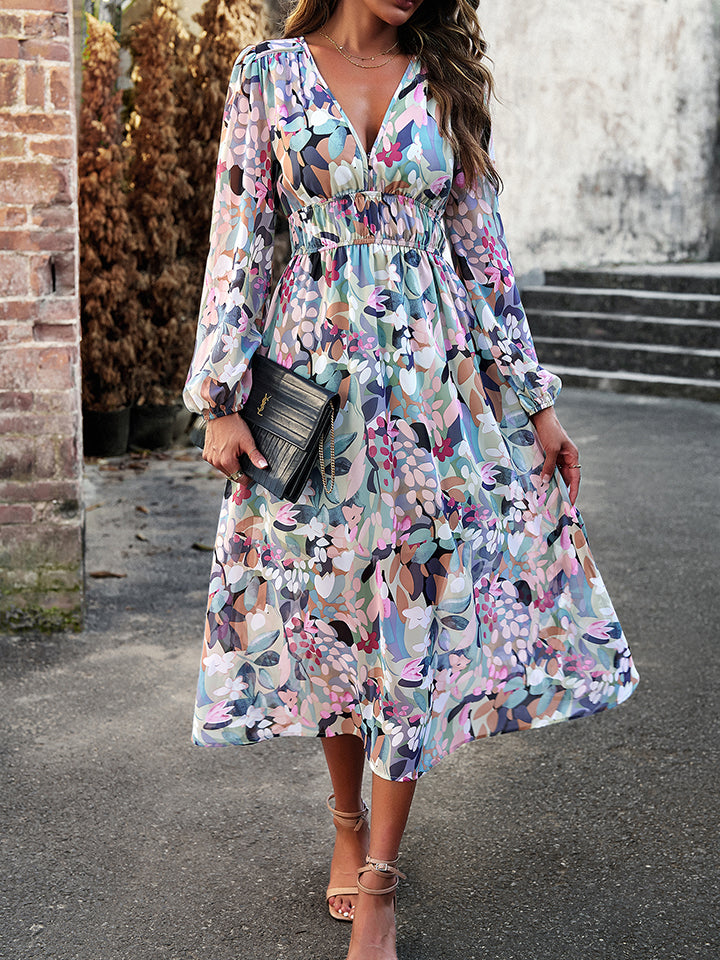 Vestido midi de manga larga con escote en V y estampado