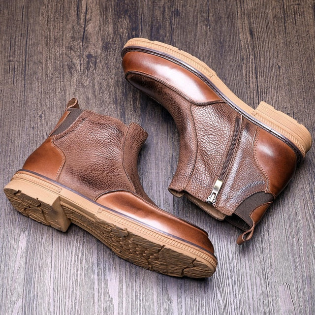 High End Boots Men Winter Shoes Full Grain Leather Chelsea Boots Business Man Elegant Zip Ankle Boots Retro