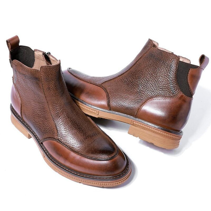 High End Boots Men Winter Shoes Full Grain Leather Chelsea Boots Business Man Elegant Zip Ankle Boots Retro