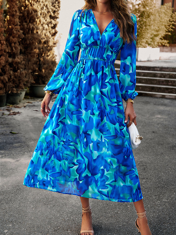 Vestido midi de manga larga con escote en V y estampado
