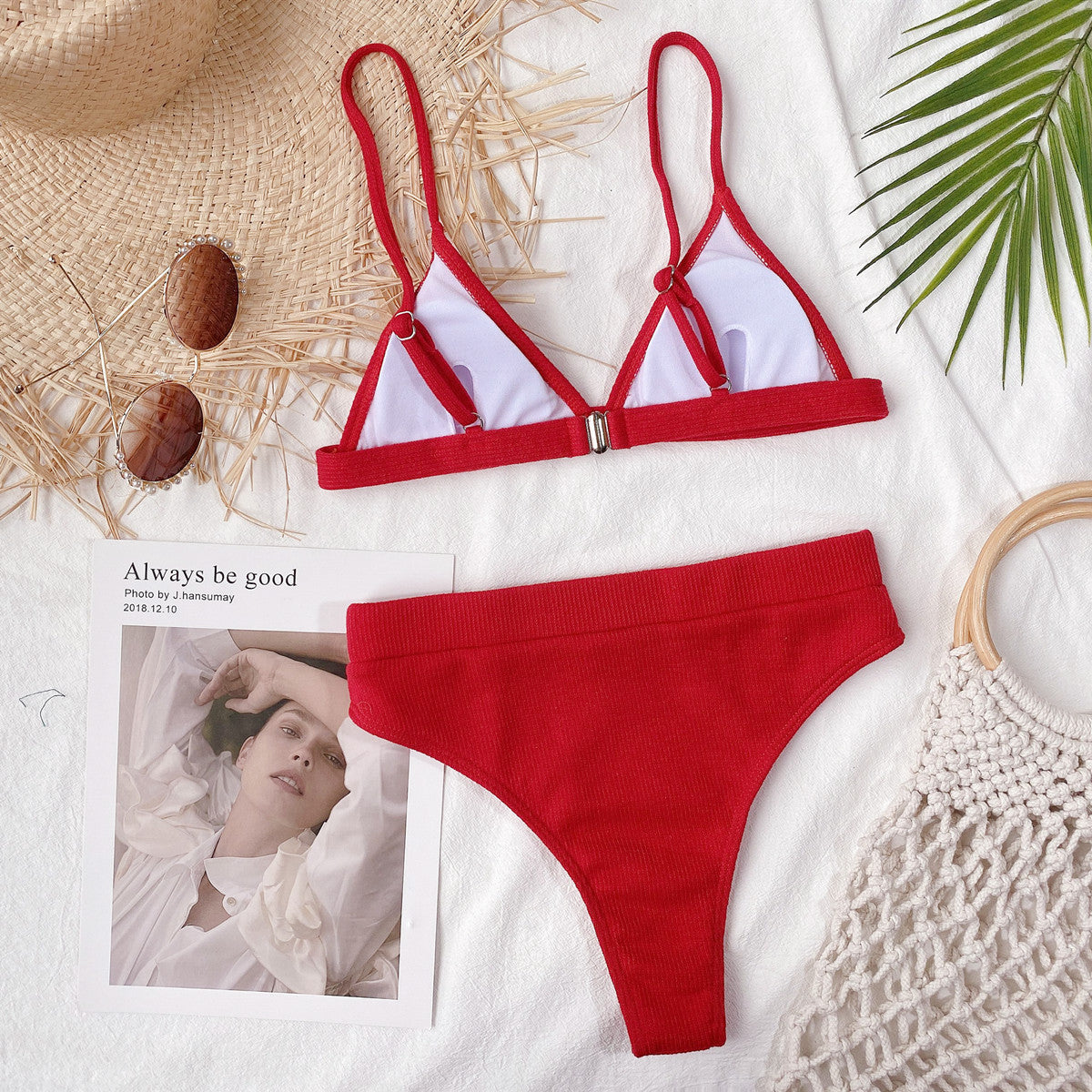 Conjunto de bikini acanalado con correa de espagueti