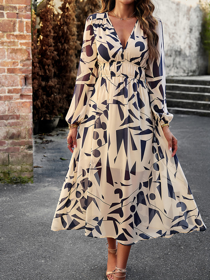 Vestido midi de manga larga con escote en V y estampado