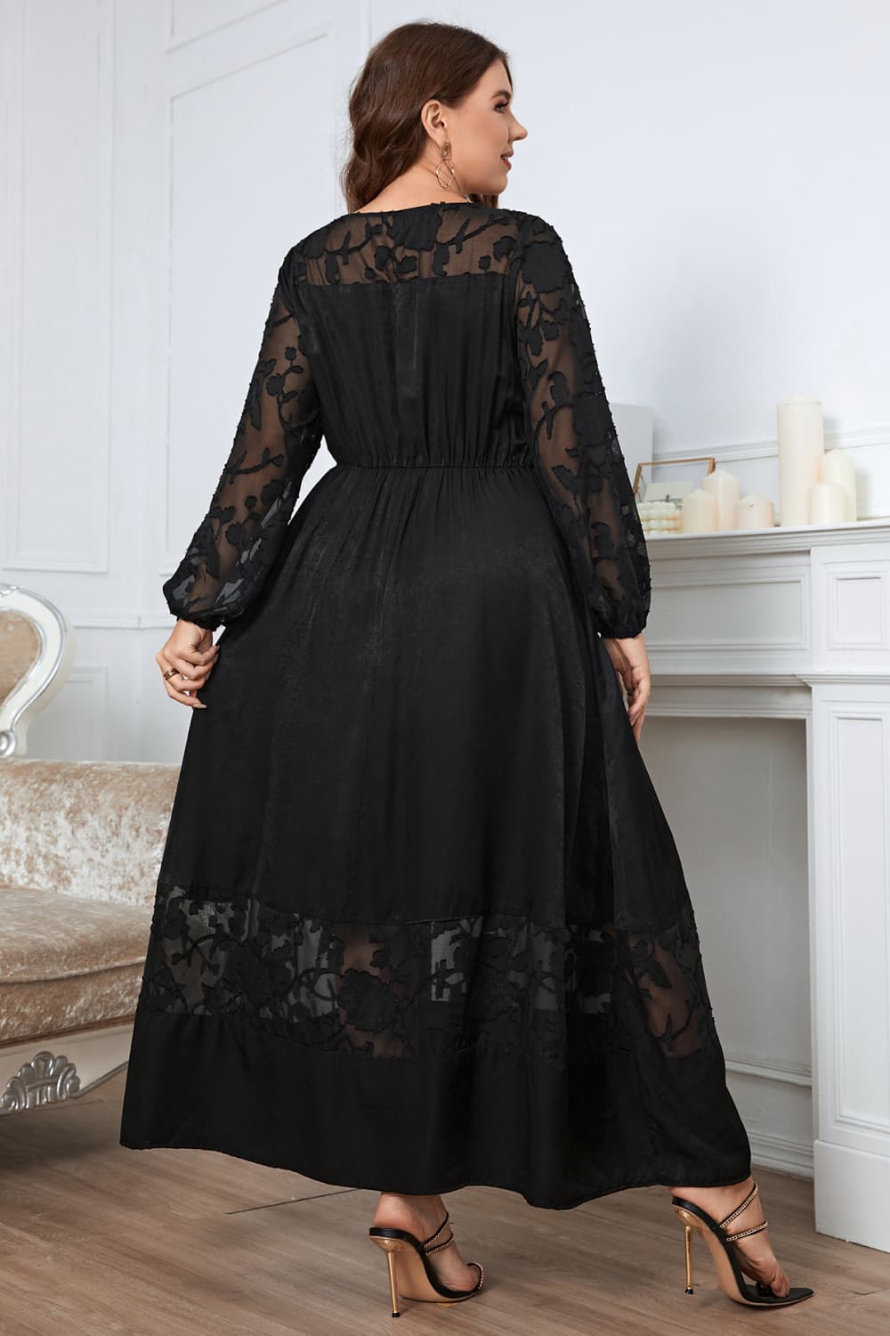 Vestido largo de manga larga con cuello redondo y bordado en talla grande de Melo Apparel