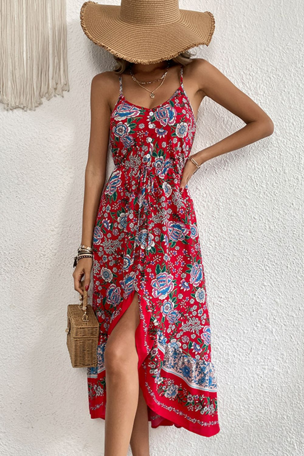 Vestido de tirantes finos con botones decorativos bohemios