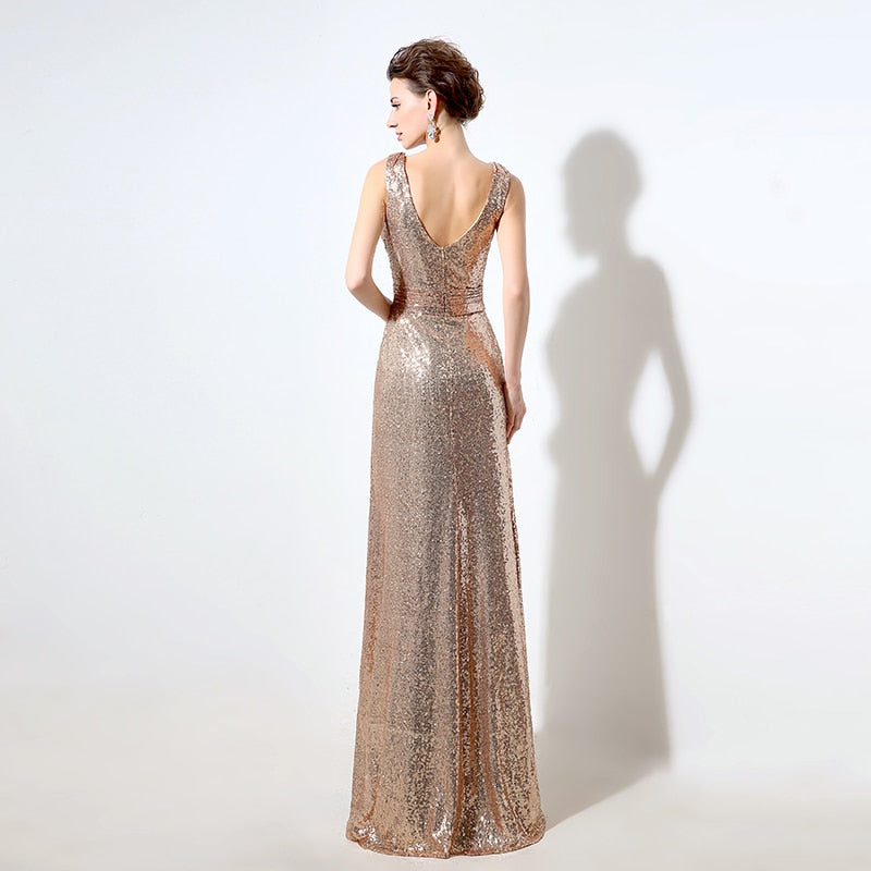 Vestido de dama de honor con lentejuelas de oro rosa 