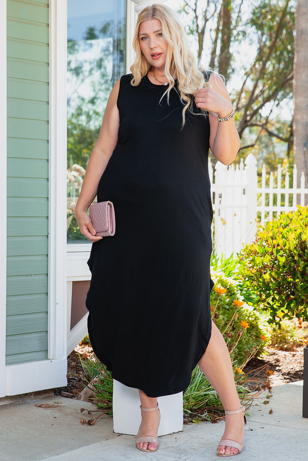 Vestido midi sin mangas con abertura y bolsillos de talla grande