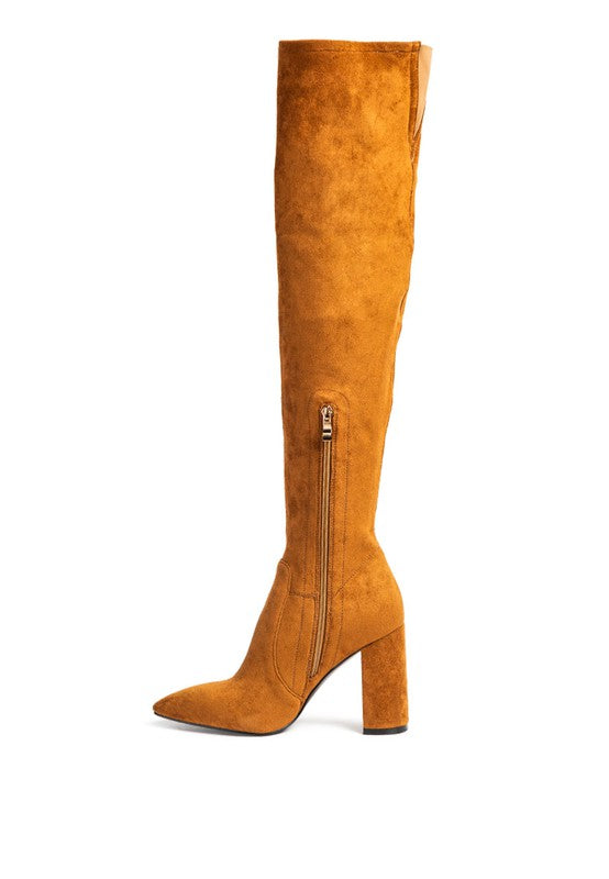 LONDON RAG KNEE HIGH PRINT BLOCK HEELED BOOT