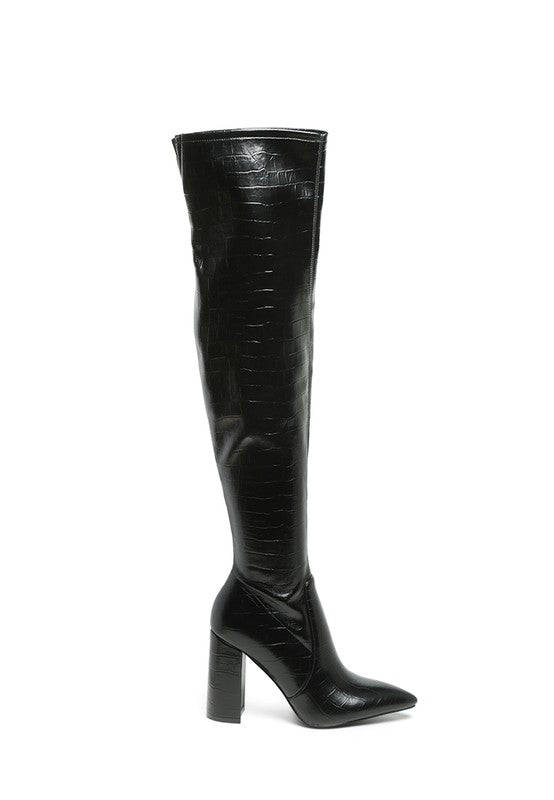 LONDON RAG KNEE HIGH PRINT BLOCK HEELED BOOT