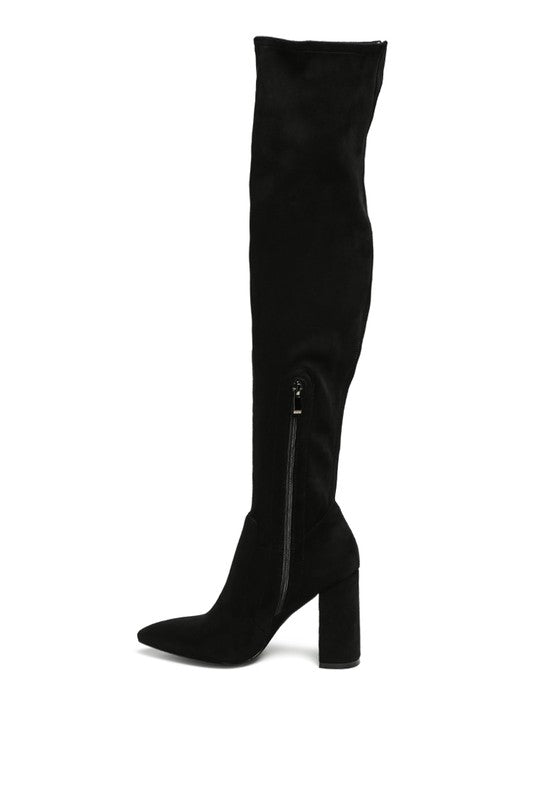 LONDON RAG KNEE HIGH PRINT BLOCK HEELED BOOT