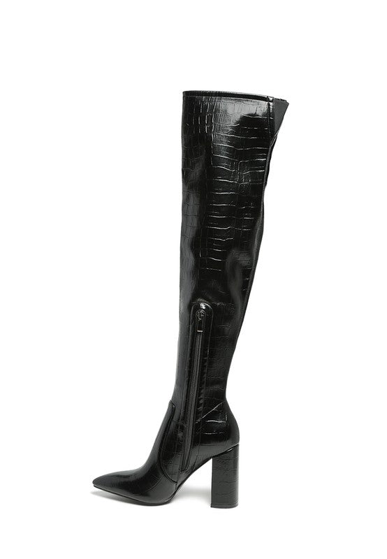 LONDON RAG KNEE HIGH PRINT BLOCK HEELED BOOT