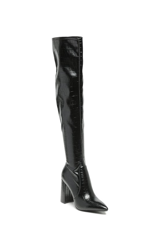 LONDON RAG KNEE HIGH PRINT BLOCK HEELED BOOT