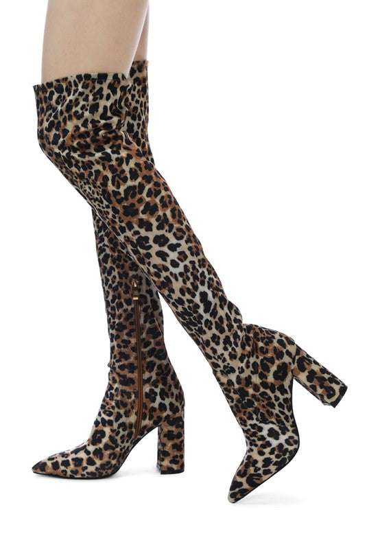 LONDON RAG KNEE HIGH PRINT BLOCK HEELED BOOT