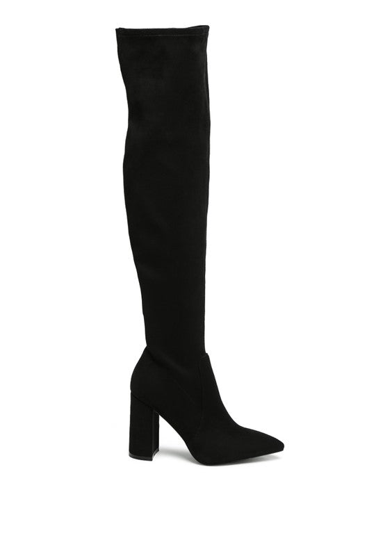 LONDON RAG KNEE HIGH PRINT BLOCK HEELED BOOT