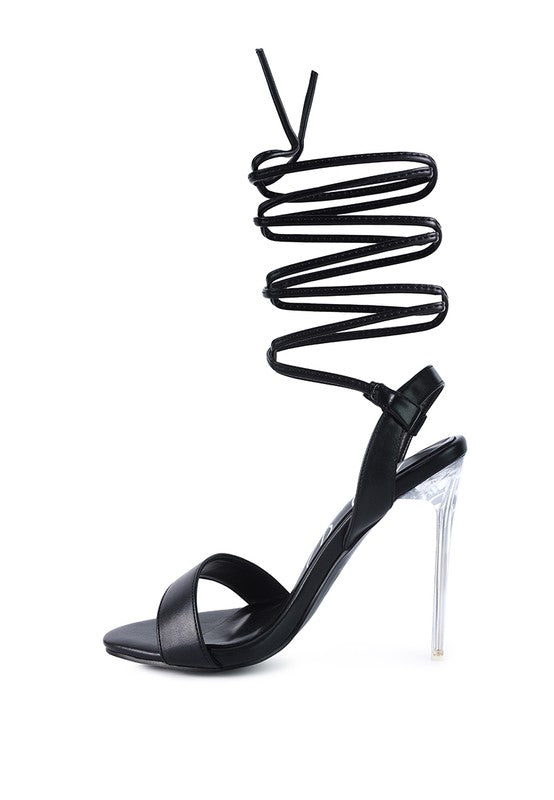 SHEENY CLEAR STILETTO LACE UP SANDAL