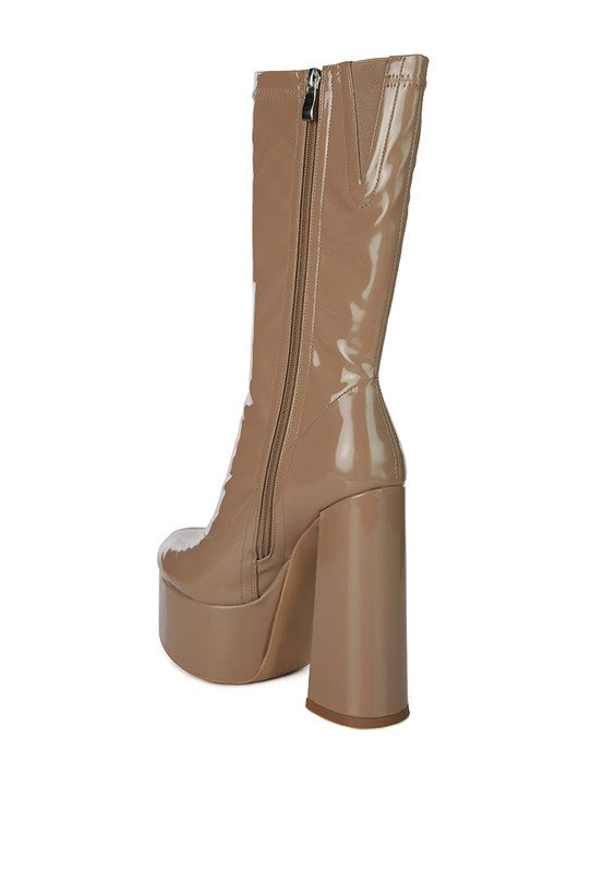 VINKELE Patent PU Platform Heeled Calf Boots