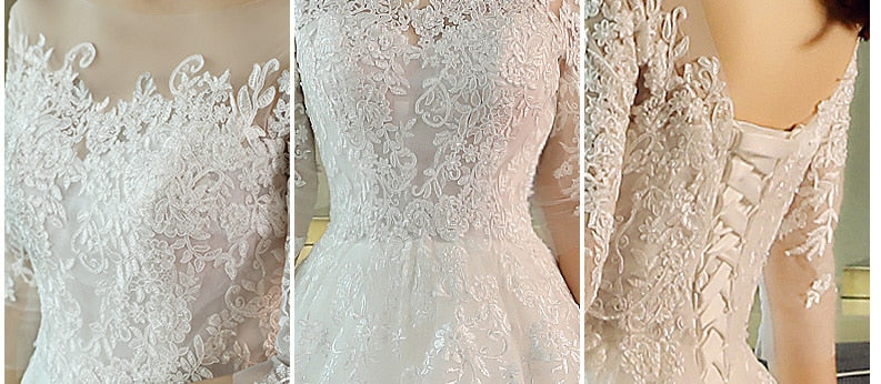 Vestido de novia elegante con escote redondo y manga tres cuartos de encaje