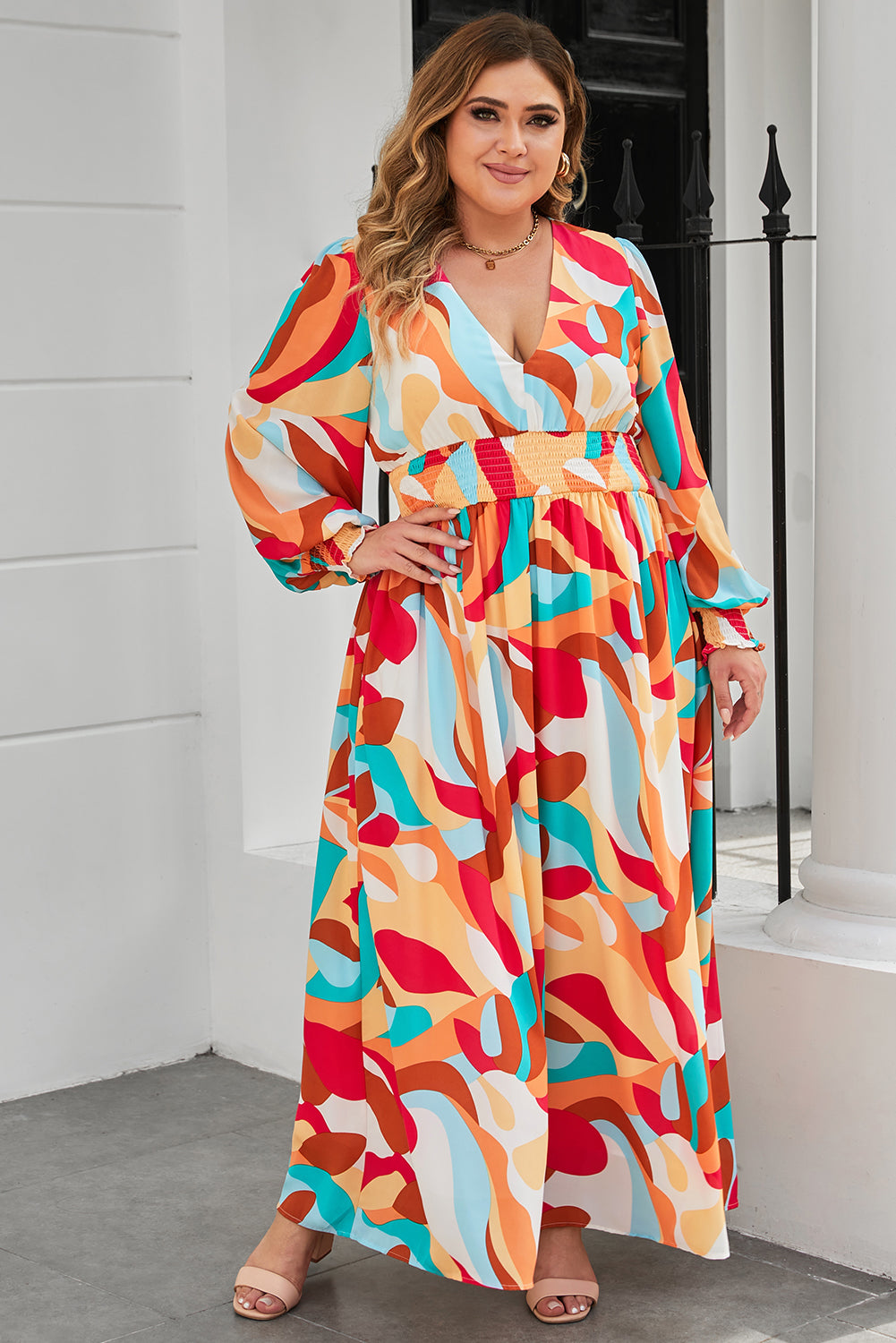 Plus Size Printed Lantern Sleeves V-Neck Dress