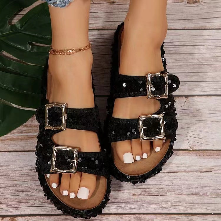 Sequin Trim Open Toe Sandals