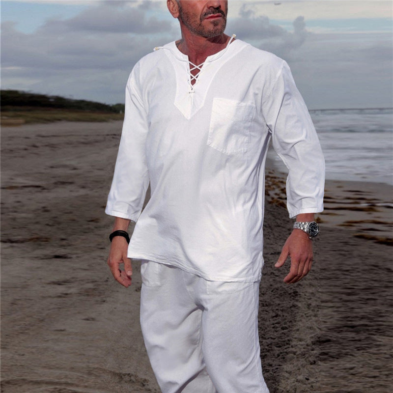 Nuevo traje casual de playa de algodón y lino con cordones en color liso para hombre 