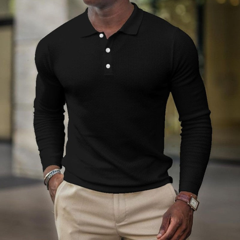 Men's solid-color button-down long-sleeve polo shirt