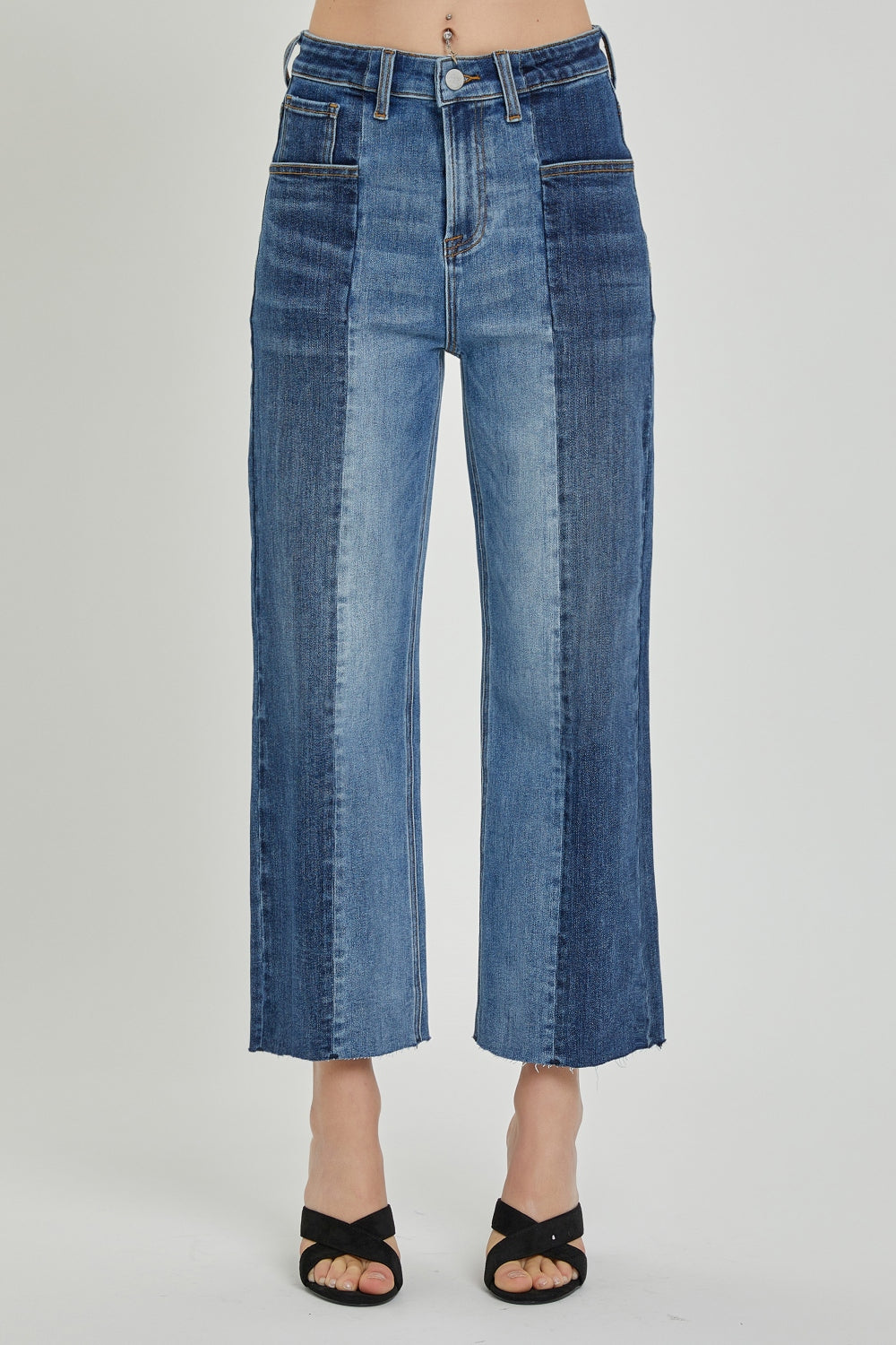 RISEN Full Size Mid-Rise Waist Two-Tones Jeans with Pockets