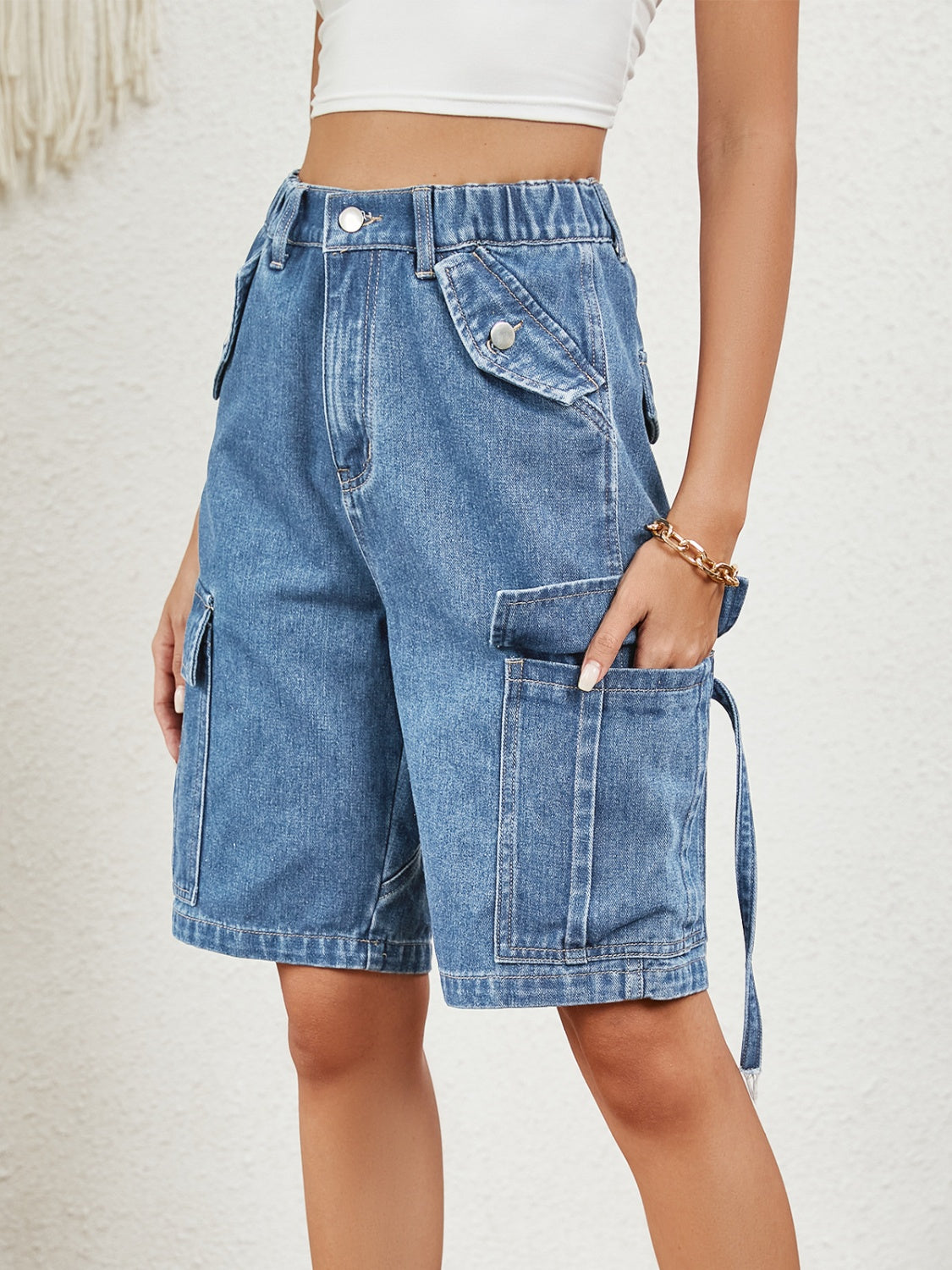 Pantalones cortos de mezclilla de cintura alta con bolsillos