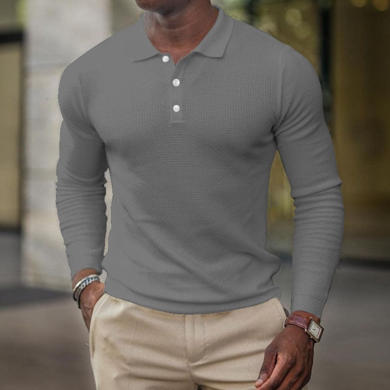 Men's solid-color button-down long-sleeve polo shirt
