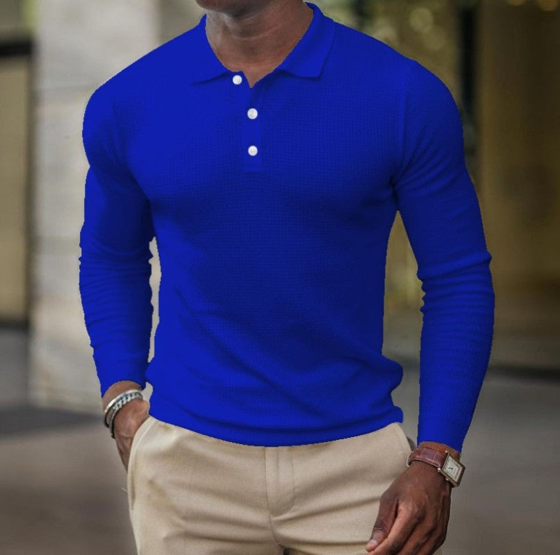 Men's solid-color button-down long-sleeve polo shirt