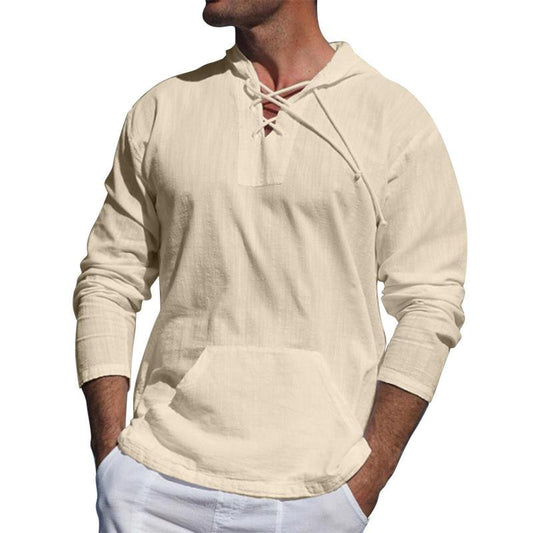 Men's casual cotton and linen tie hooded long-sleeved shirt