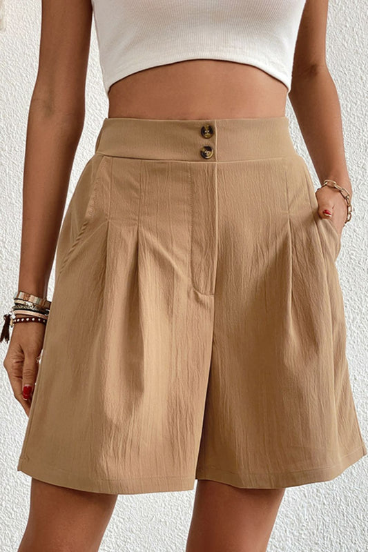Pantalones cortos con cintura elástica y botones y detalle plisado