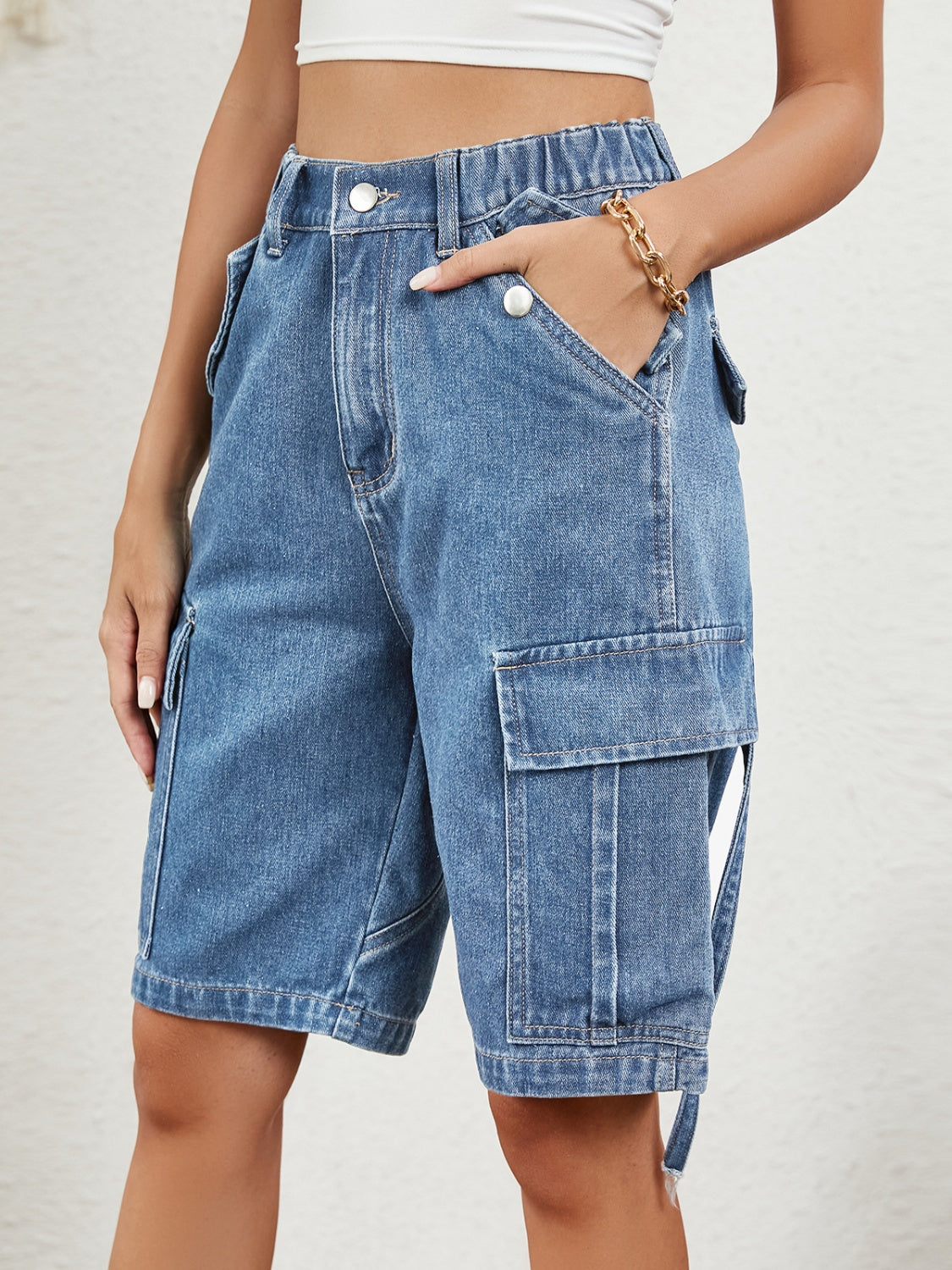 Pantalones cortos de mezclilla de cintura alta con bolsillos