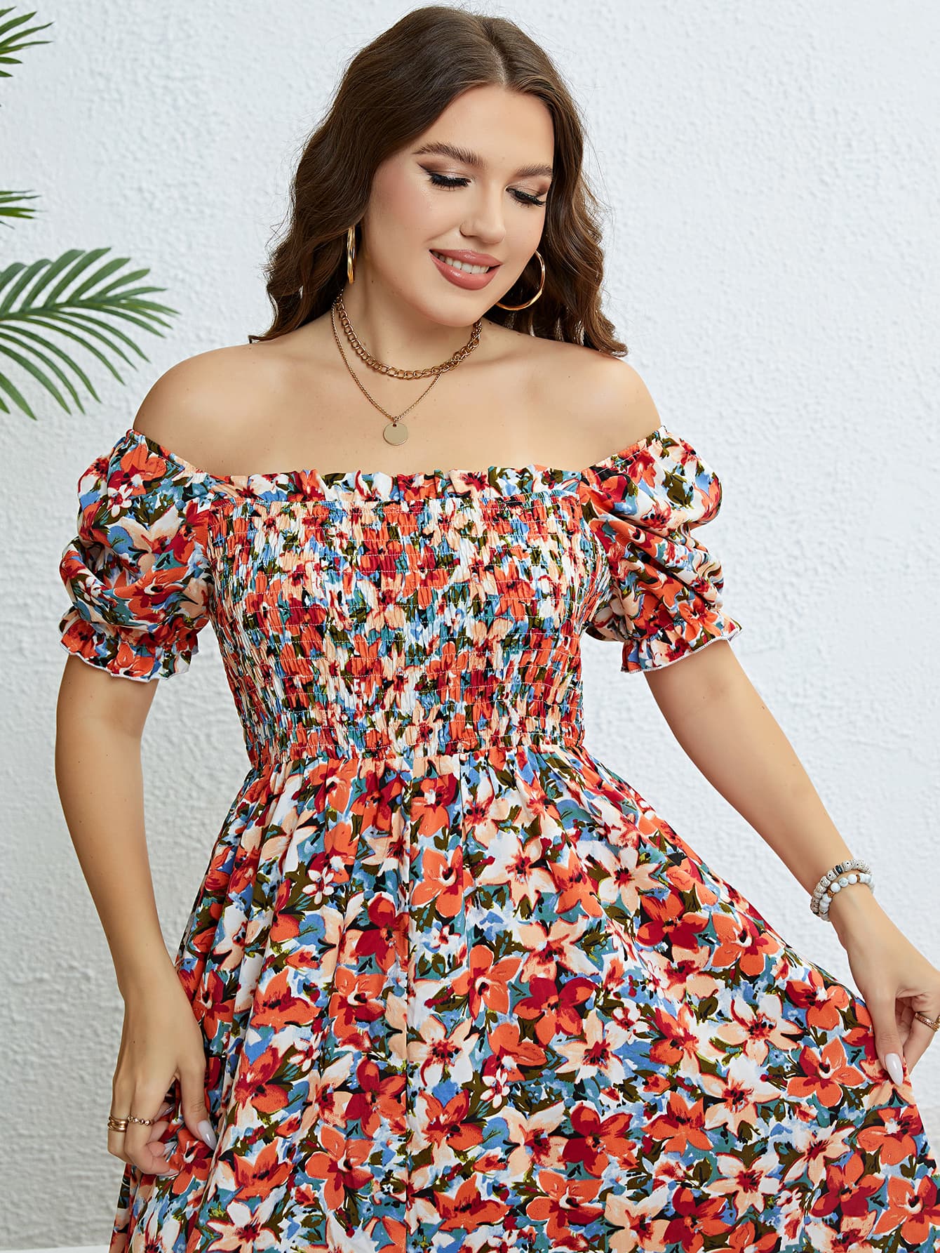 Vestido con escote cuadrado fruncido y estampado floral en talla grande Honey