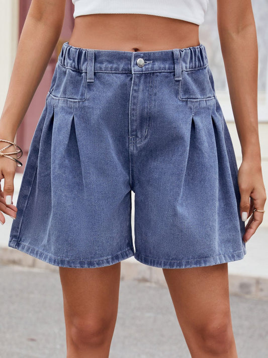 Pantalones cortos de mezclilla con cintura elástica y fruncidos