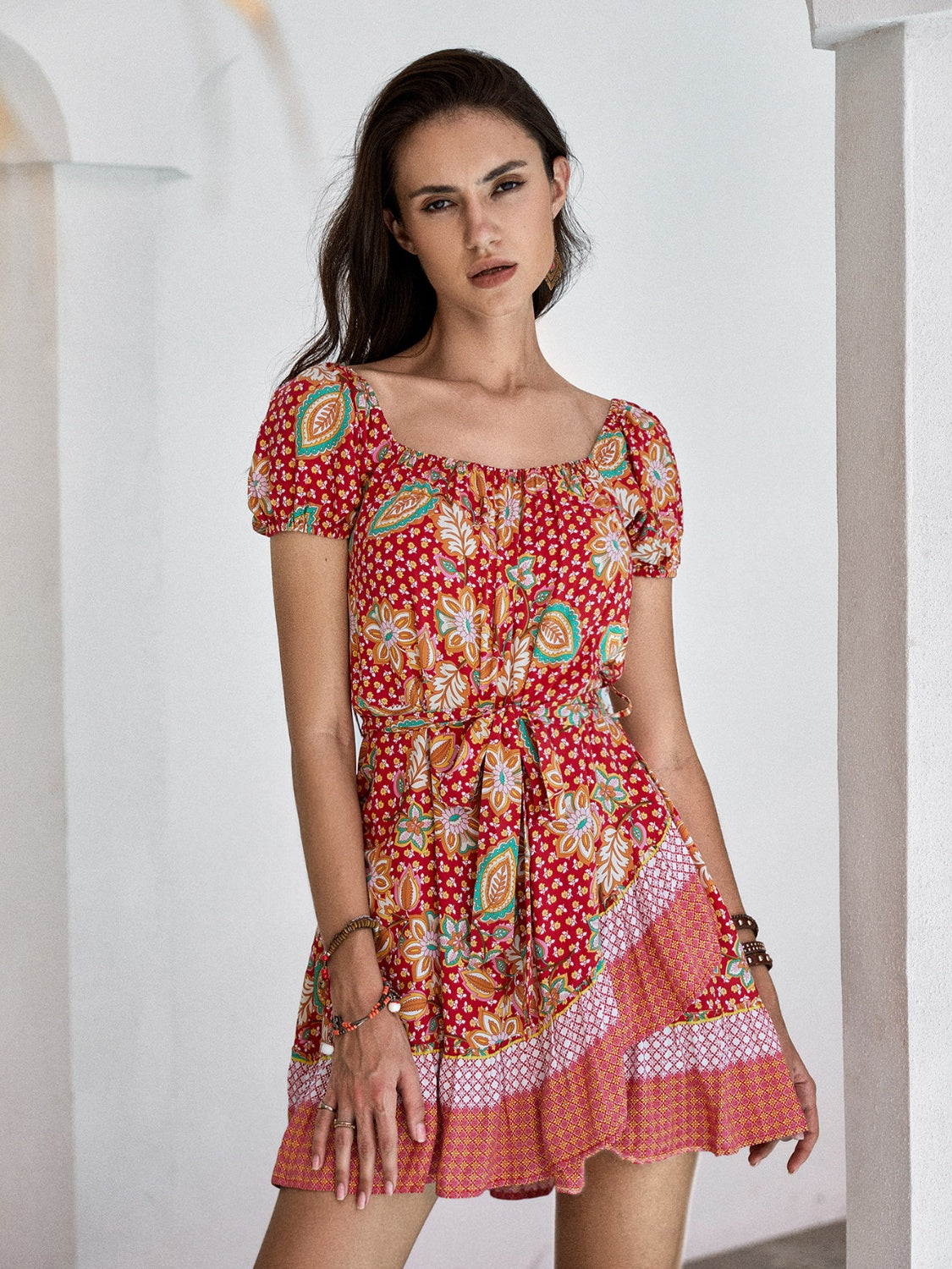 Printed Short Sleeve Tie Waist Mini Dress