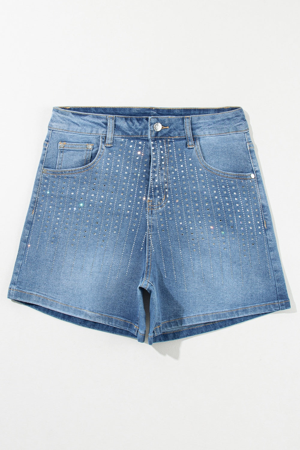Pantalones cortos de mezclilla de cintura alta con diamantes de imitación