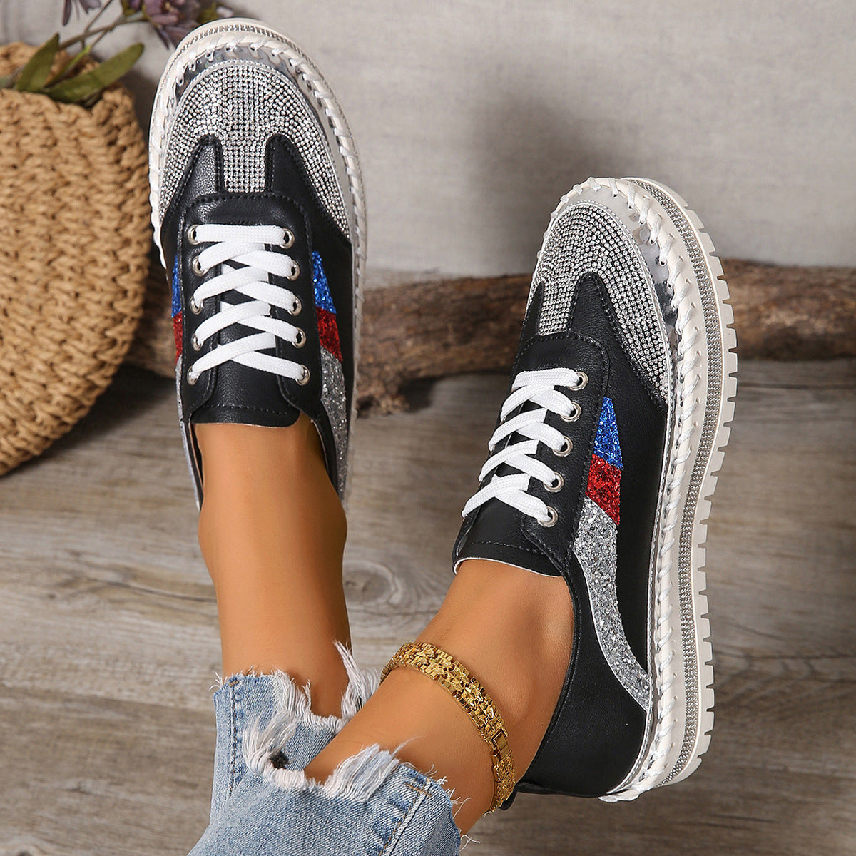 Rhinestone Lace Up Round Toe Platform Sneakers