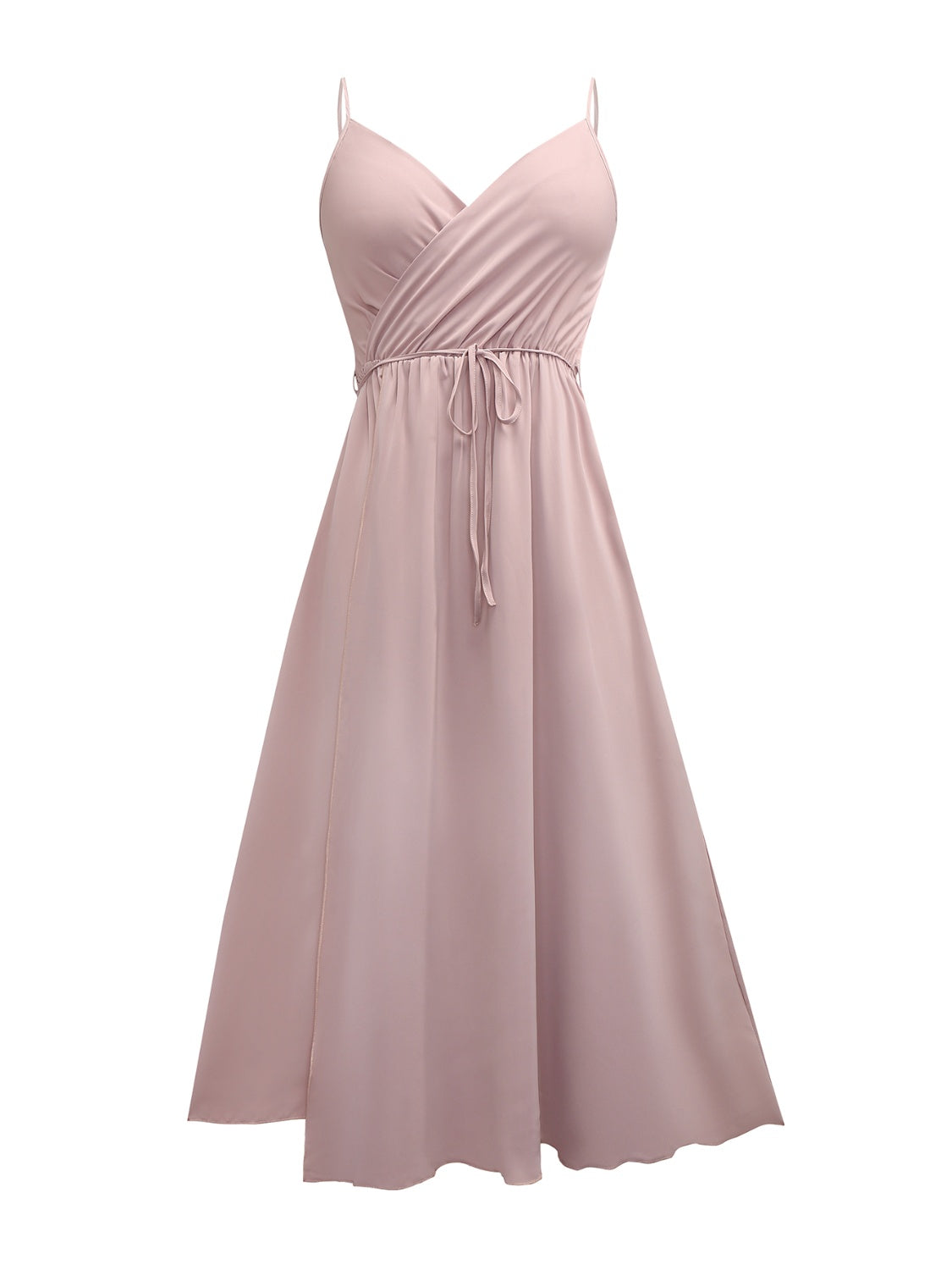 Vestido camisero midi sin mangas con escote cruzado y lazo color miel