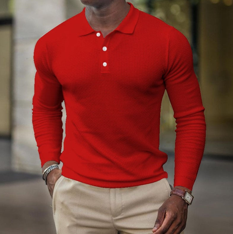 Men's solid-color button-down long-sleeve polo shirt