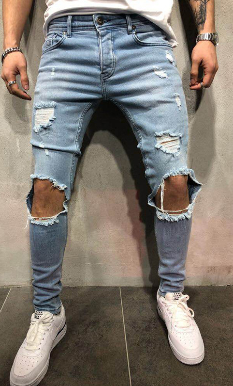 Men's Fashion Mid Waist Ripped Slim Jeans