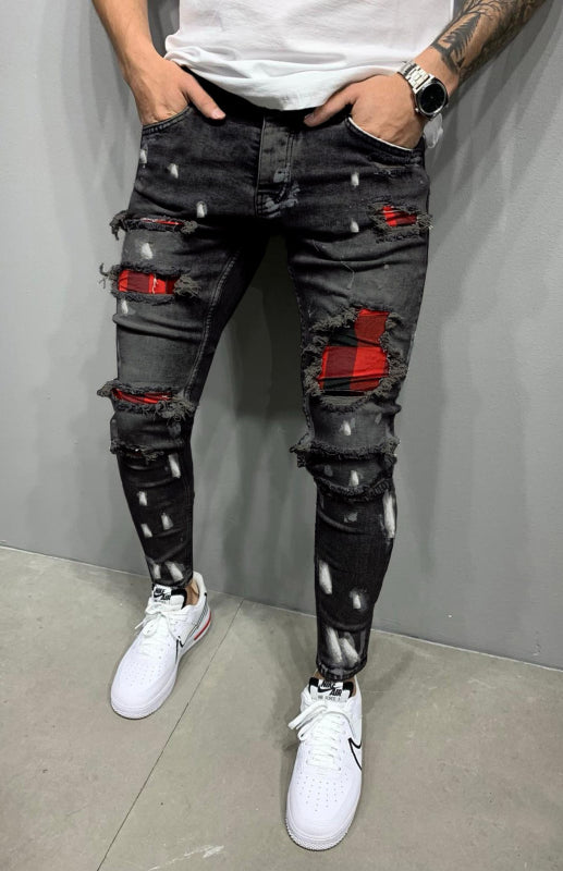 Men's Fashion Mid Waist Ripped Slim Jeans