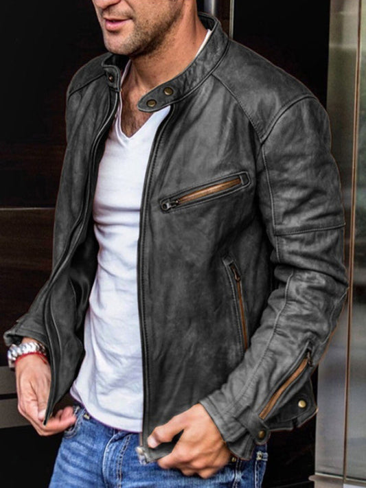 Chaqueta de cuero PU para hombre Chaqueta de hombre punk con cuello levantado para hombre 