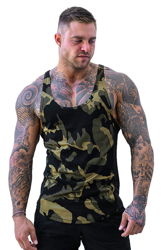 Camiseta sin mangas de secado rápido transpirable con estampado de camuflaje para hombre 