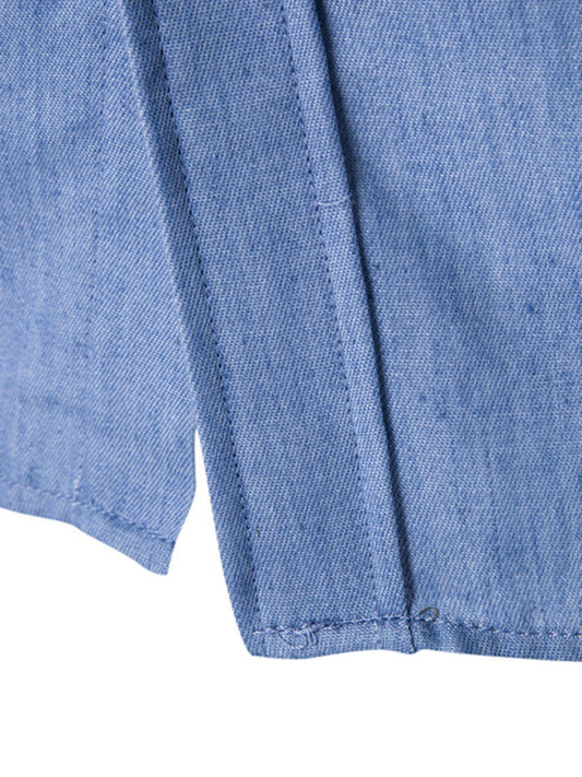 Men’s Solid Color Contrast Collar Long Sleeve Denim Shirt