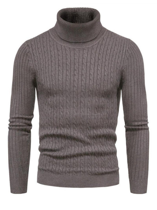 Men’s Solid Color Rolled Turtleneck Long Sleeve Rib Texture Sweater