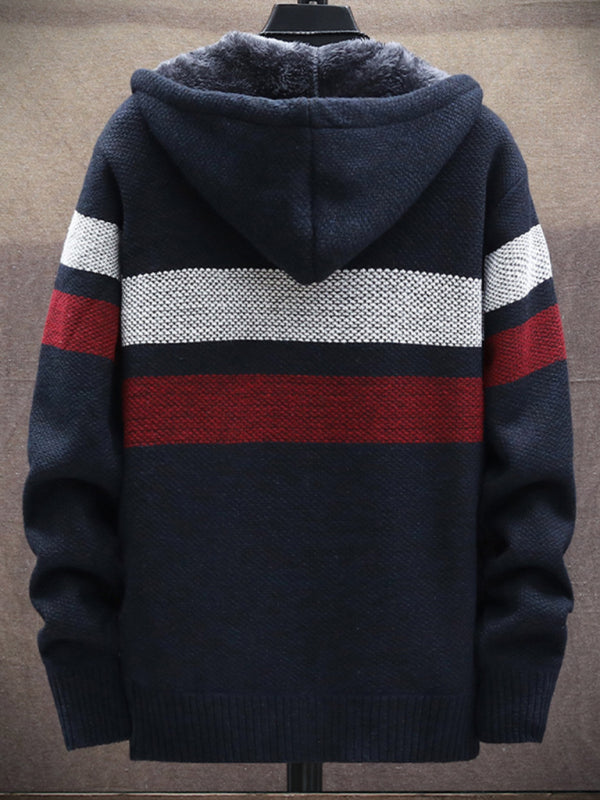 Men’s Color Block Faux Fur Lining Zip Front Hooded Drawstring Hood Sweatshirt Jacket