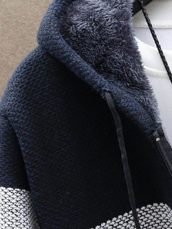 Men’s Color Block Faux Fur Lining Zip Front Hooded Drawstring Hood Sweatshirt Jacket