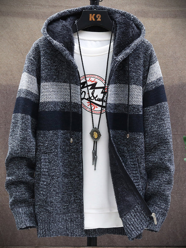 Men’s Color Block Faux Fur Lining Zip Front Hooded Drawstring Hood Sweatshirt Jacket