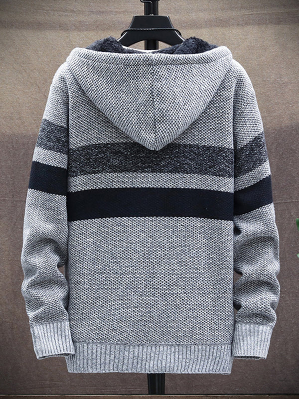 Men’s Color Block Faux Fur Lining Zip Front Hooded Drawstring Hood Sweatshirt Jacket