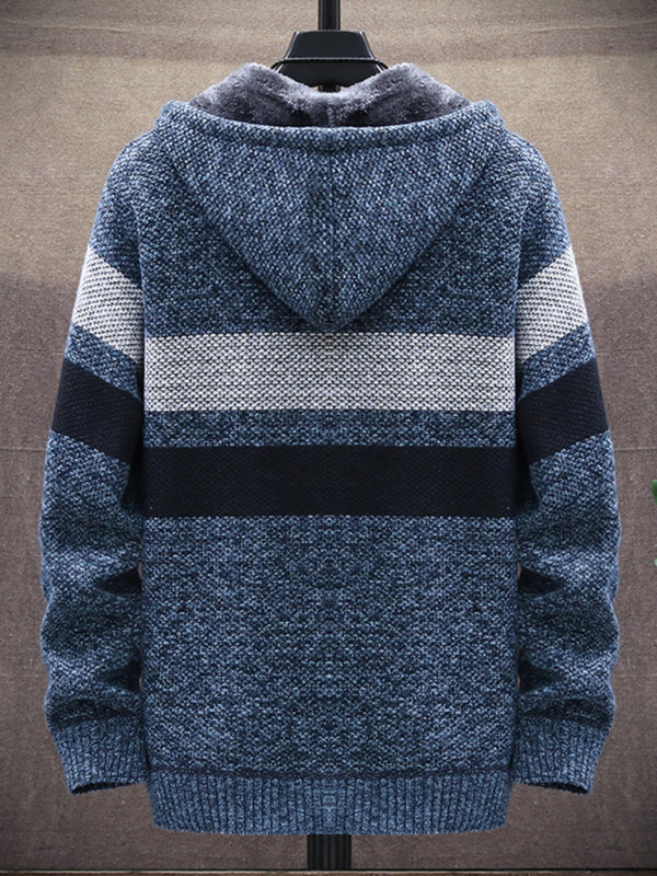 Men’s Color Block Faux Fur Lining Zip Front Hooded Drawstring Hood Sweatshirt Jacket